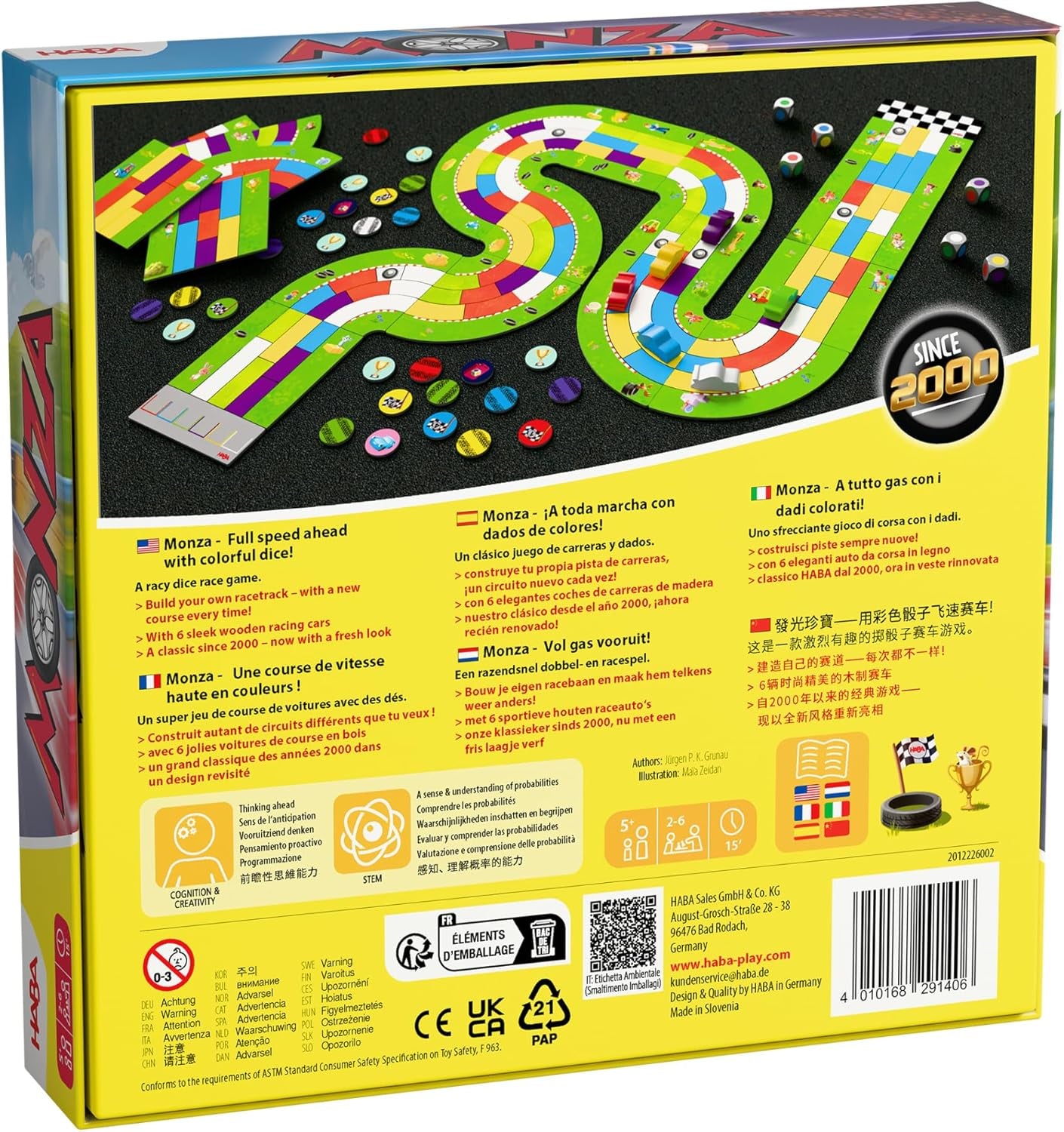 HABA Monza – Joc de societate rapid și joc de curse cu mașini pentru copii de la 5 ani în sus – Cu 6 mașini colorate din lemn și zaruri colorate – 2012226001