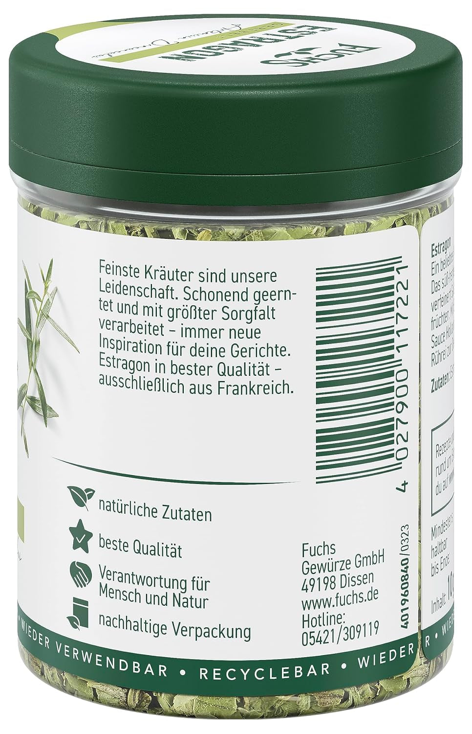 Fuchs Gewürze - Estragon gerebelt - französisches Kraut zur Verfeinerung von Salaten, Sauce Hollandaise oder Rührei - natürliche Zutaten - 10 g in wiederverwendbarer, recyclebarer Dose