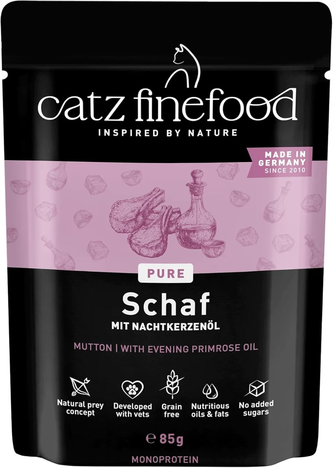 Hrană umedă pentru pisici Catz Finefood Purrrr Sheep Monoprotein nr. 113, pentru pisici cu digestie sensibilă, conținut de carne de 70%, 16 pliculețe a câte 85 g