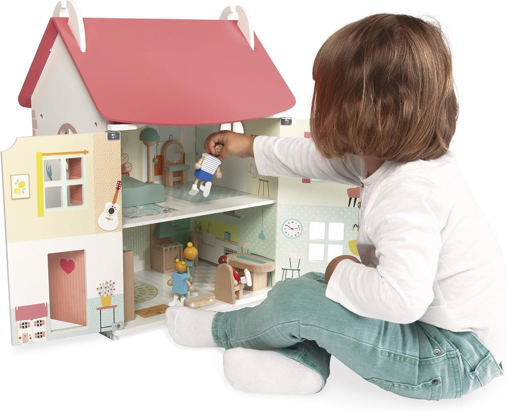 Janod – Prima mea casă de păpuși din lemn – 10 accesorii – Mobilier pentru păpuși – Uși magnetice și acoperiș detașabil – Jucărie din lemn certificat FSC – Vârste 3+