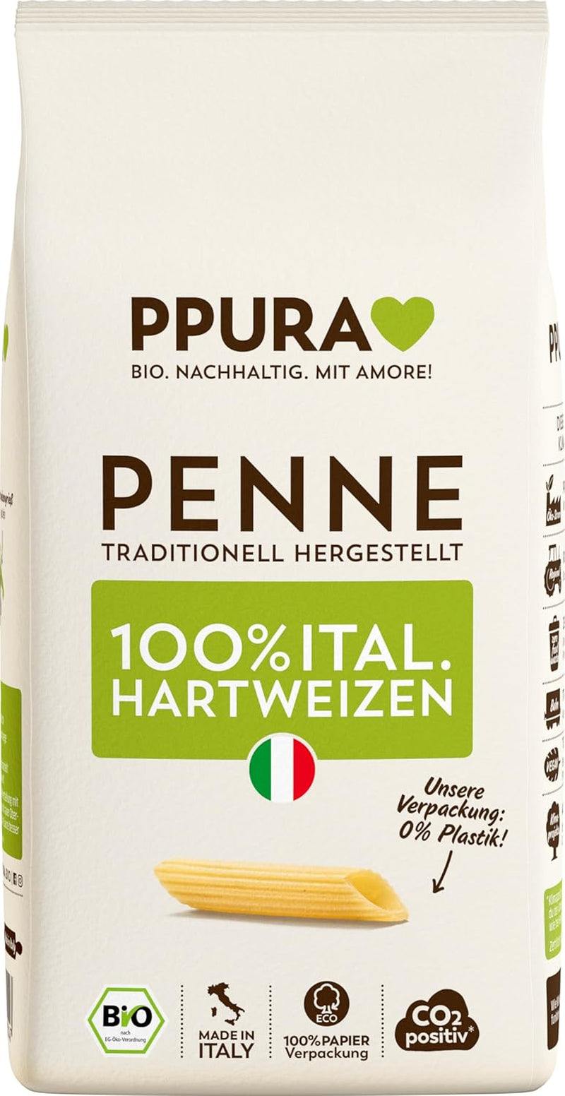 PPURA Paste Penne Organice din Grâu Dur 500g, paste tubulare 100% naturale, Fabricate în Italia - paste italiene fără aditivi, coloranți sau conservanți