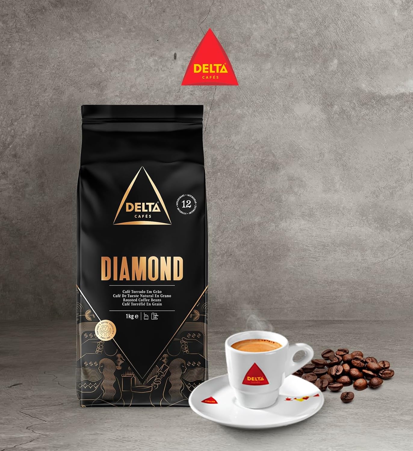 Delta Cafés - Kaffee in Diamantbohne - 2 Packungen à 1 kg - Intensität 8 - Mischung aus Arabica gerösteten Kaffeebohnen und Robusta - Sehr aromatisch mit Noten von gerösteten Nüssen
