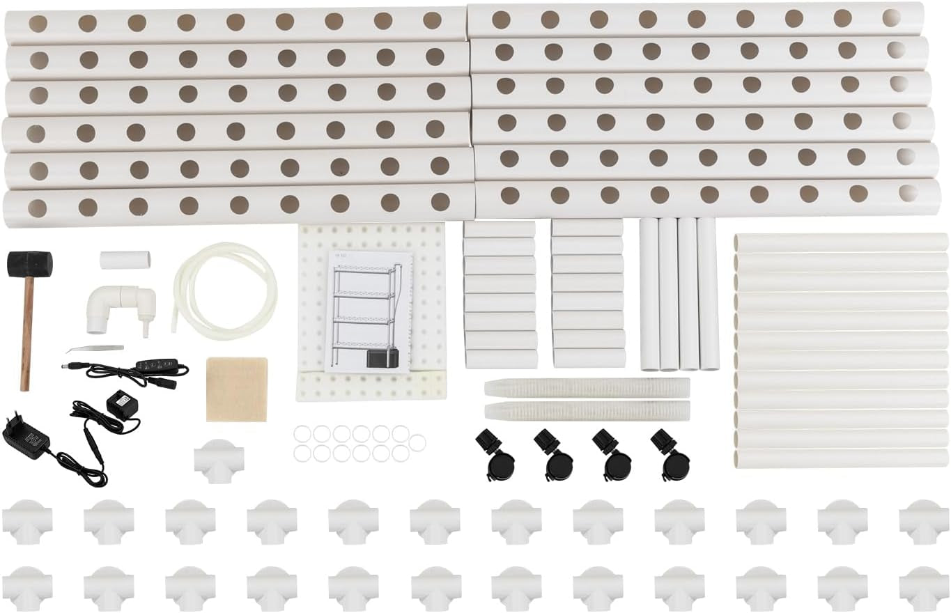 Kit de cultivare hidroponică cu 108 locuri de plantare, 4 niveluri cu pompă de apă. Sistem de cultivare hidroponică fabricat din țevi din PVC-U de calitate alimentară pentru acasă, balcon, grădină și legume de pe balcon.