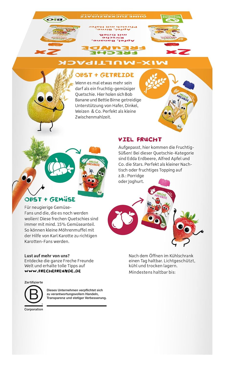 FRECHE FREUNDE Mix Organic la Pungă Comprimabilă Multipack - Fructe + Cereale, Piure de fructe cu cereale într-o pungă compresibilă pentru bebeluși de la 6 luni, vegan, pachet de 3, 3 x (4 x 100g)