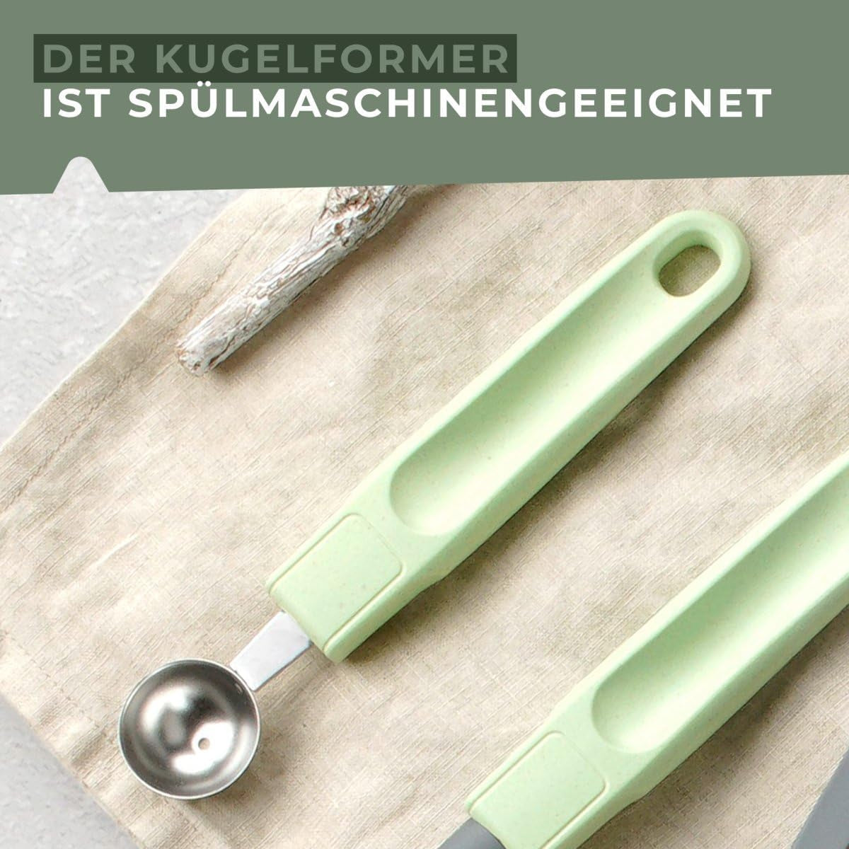 Fackelmann Ecolution Baller – Modelator de fructe și unt din fibre de lemn, bioplastic și oțel inoxidabil – Lingură pariziană de 18 x 3 cm, verde mentă
