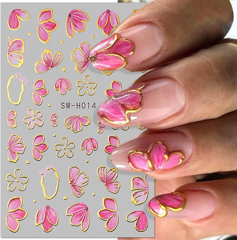 Gold Linie Schieber Rosa Nagelsticker Blumen 3D Flower Nail Sticker Sakura Blütenblätter Blumen Nagelaufkleber Frühling Sommer Floral Nagel Sticker Flowers Nagel Stickers Nageldesign Zubehör Nail Art