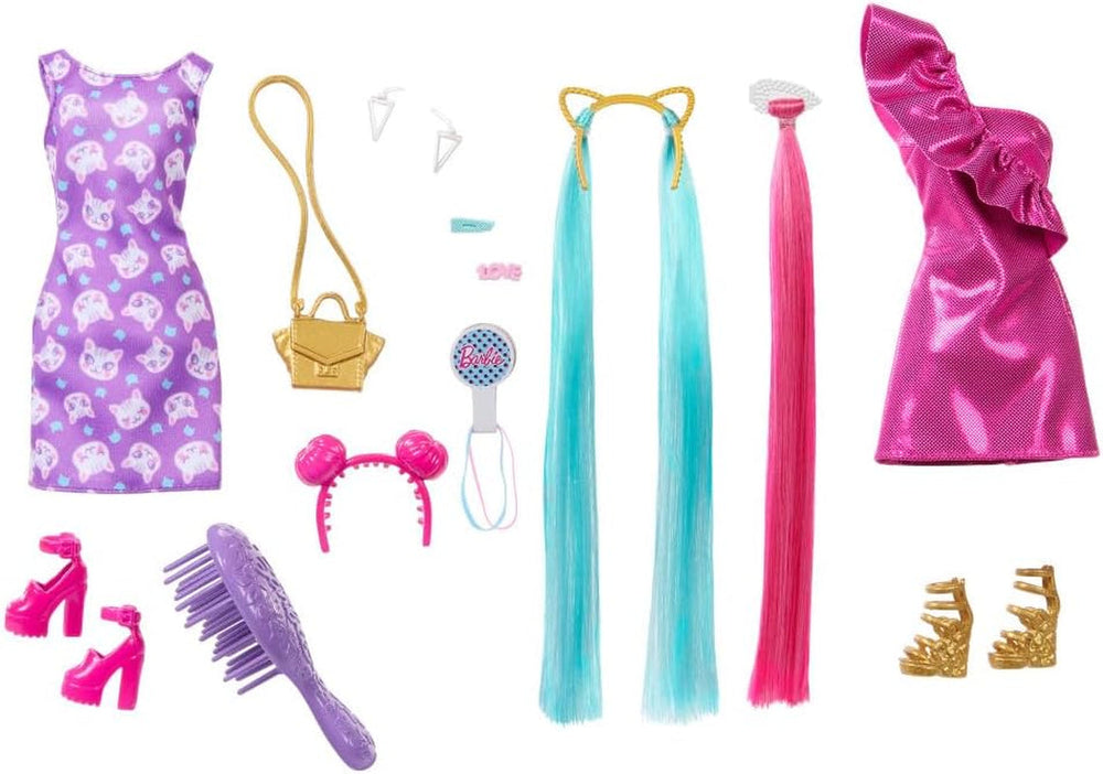 Barbie Totally Hair - Puppe mit extra Langen, frisierbaren Regenbogenhaaren und 10 Mode- und Styling-Accessoires, gepunktetes Kleid im Colorblock-Stil, für Kinder ab 3 Jahren, HKT96