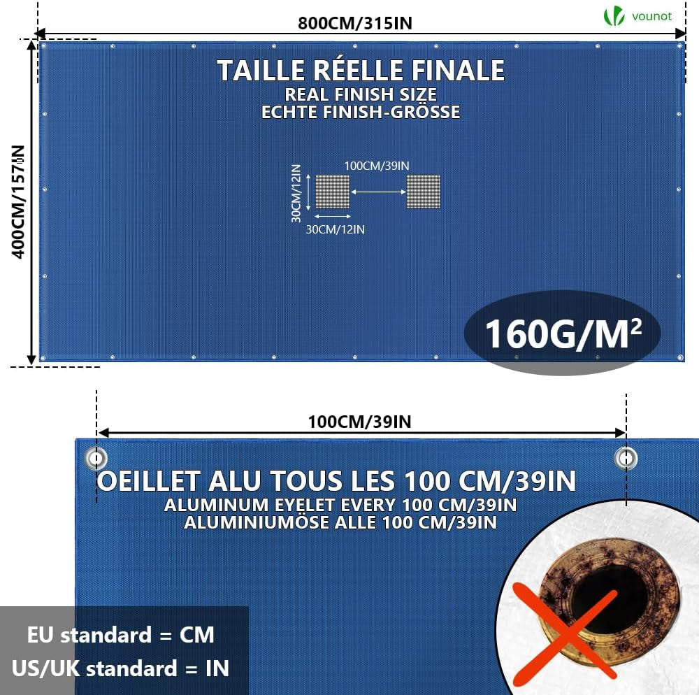 Prelată de piscină dreptunghiulară VOUNOT, prelată de piscină din polietilenă 160 g/m² cu plasă de drenaj, prelată de piscină cu strat dublu, impermeabilă, rezistentă la mucegai, rezistentă la rupere cu inele de aluminiu, 4 x 8 m, albastră