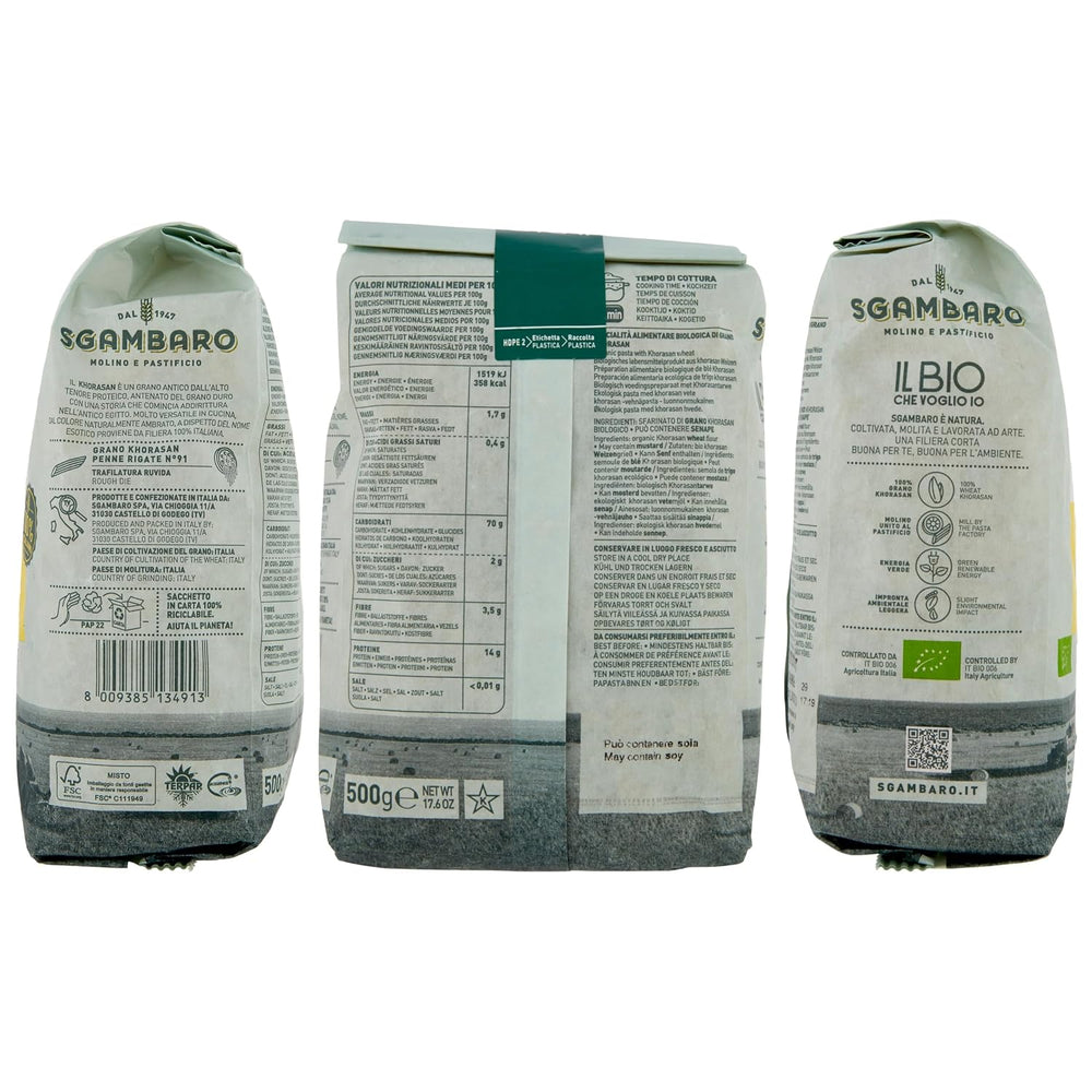 Paste Penne Rigate Organice N.91 - 500g din Grâu Khorasan - Grâu antic, bogat în proteine, cultivat 100% în Italia - Versatile în bucătărie și bogate în nutrienți