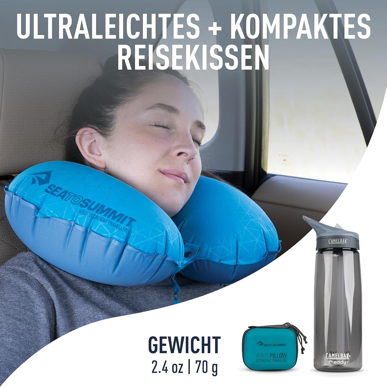 Sea to Summit - Pernă lombară premium Aeros - Pernă gonflabilă pentru spate - Alinare spate - Material poliester 50D - Geantă compactă de călătorie - Serviciu, călătorii și excursii cu mașina - Albastru acvatic - 70g