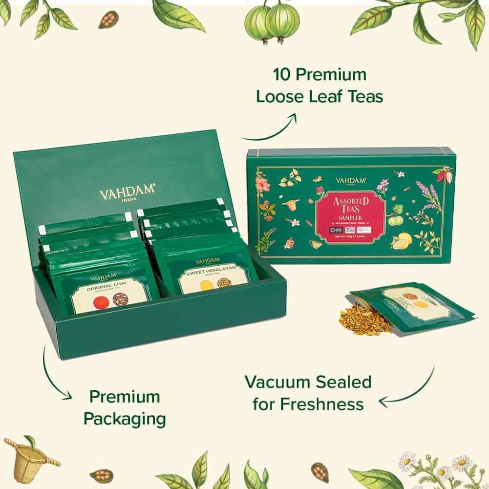 VAHDAM, set cadou cu sortimente de ceai - set de 10 ceaiuri | Ingrediente 100% naturale | Set cadou cu ceai vrac | Ceai negru, ceai verde, ceai Oolong, ceai Chai, ceai alb | Ceai vrac | Set cadou cu set de ceaiuri de probă