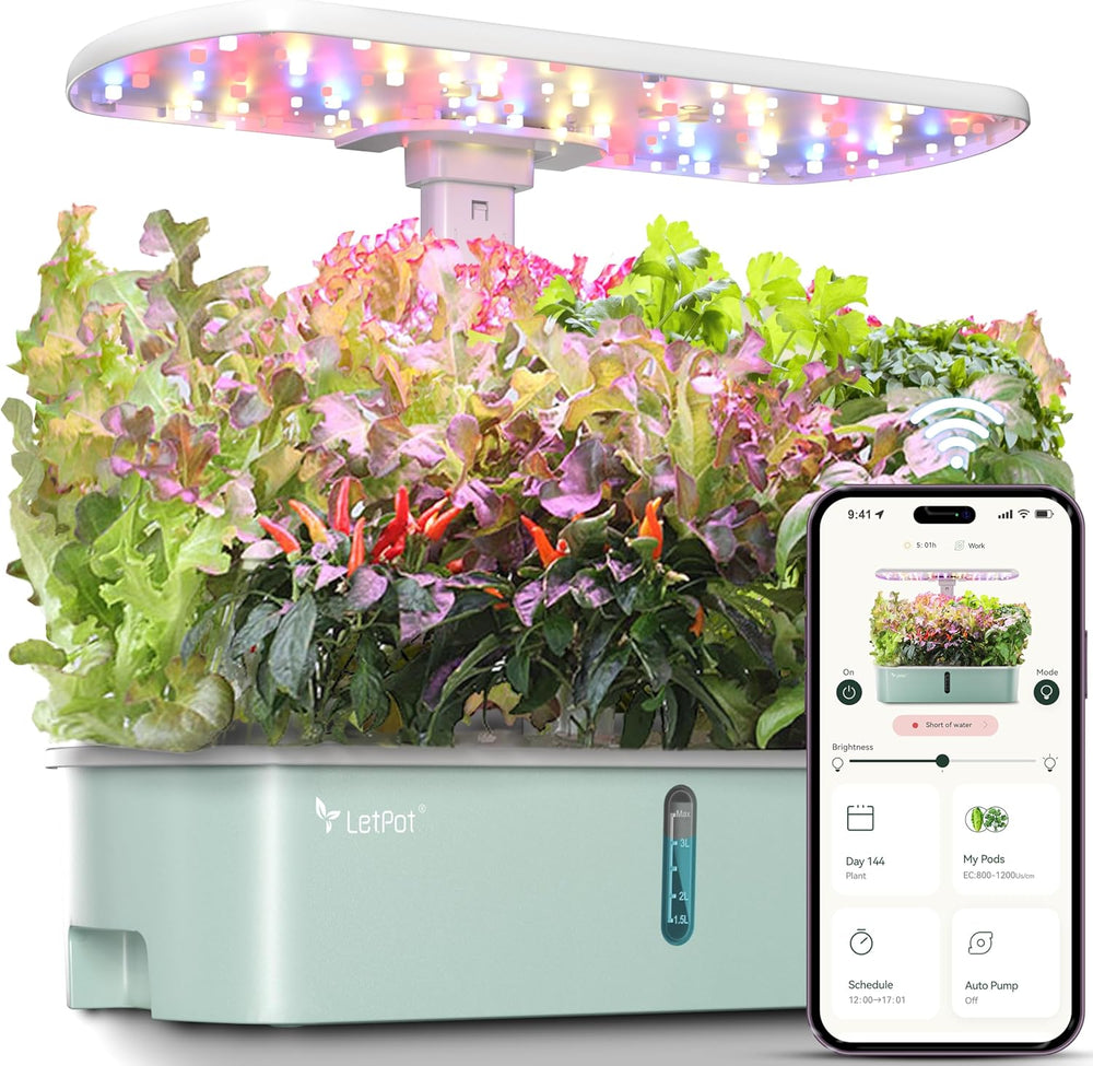 Sistem de creștere hidroponică WiFi LPH-SE, kit inteligent pentru grădină de plante aromatice cu 12 ghivece pentru uz interior, grădină interioară cu lampă LED de creștere de 24 W, rezervor de apă de 5,5 l, sistem de pompare, temporizator automat