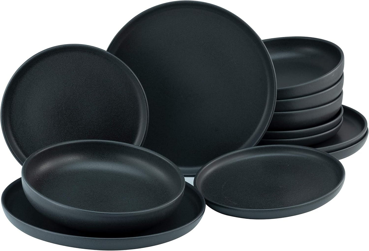 Creatable, 22979, Serie Uno BLACK, 12-Teiliges Geschirrset, Teller Set Aus Steinzeug, Spülmaschinen- Und Mikrowellengeeignet, Made in Portugal Seturi vesela masa Naty Shop Black Tafelservice 12 Teilig