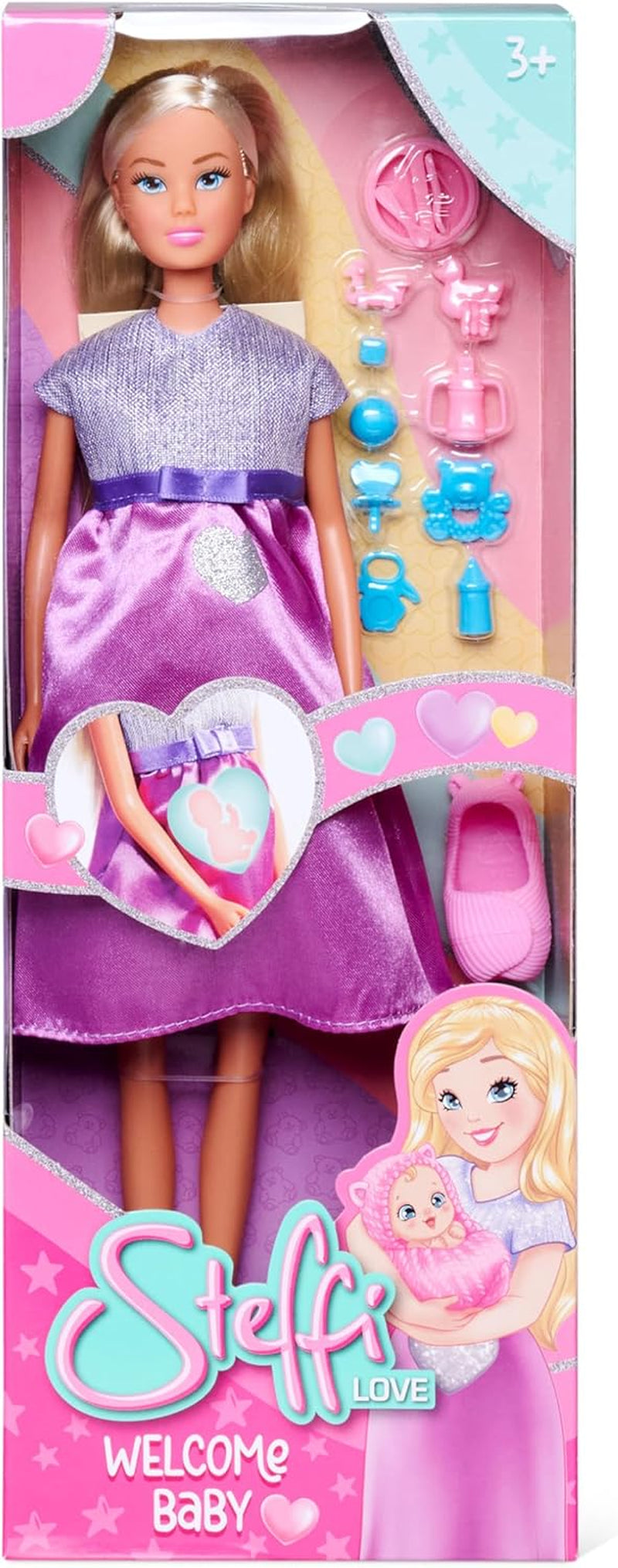 Simba Steffi Love Welcome Baby 29 cm – Steffi însărcinată cu copil, set de 12 accesorii pentru jocuri de rol, păpușă de modă cu păpușă bebeluș de 4 cm, jucărie pentru copii cu vârsta de 3 ani și peste