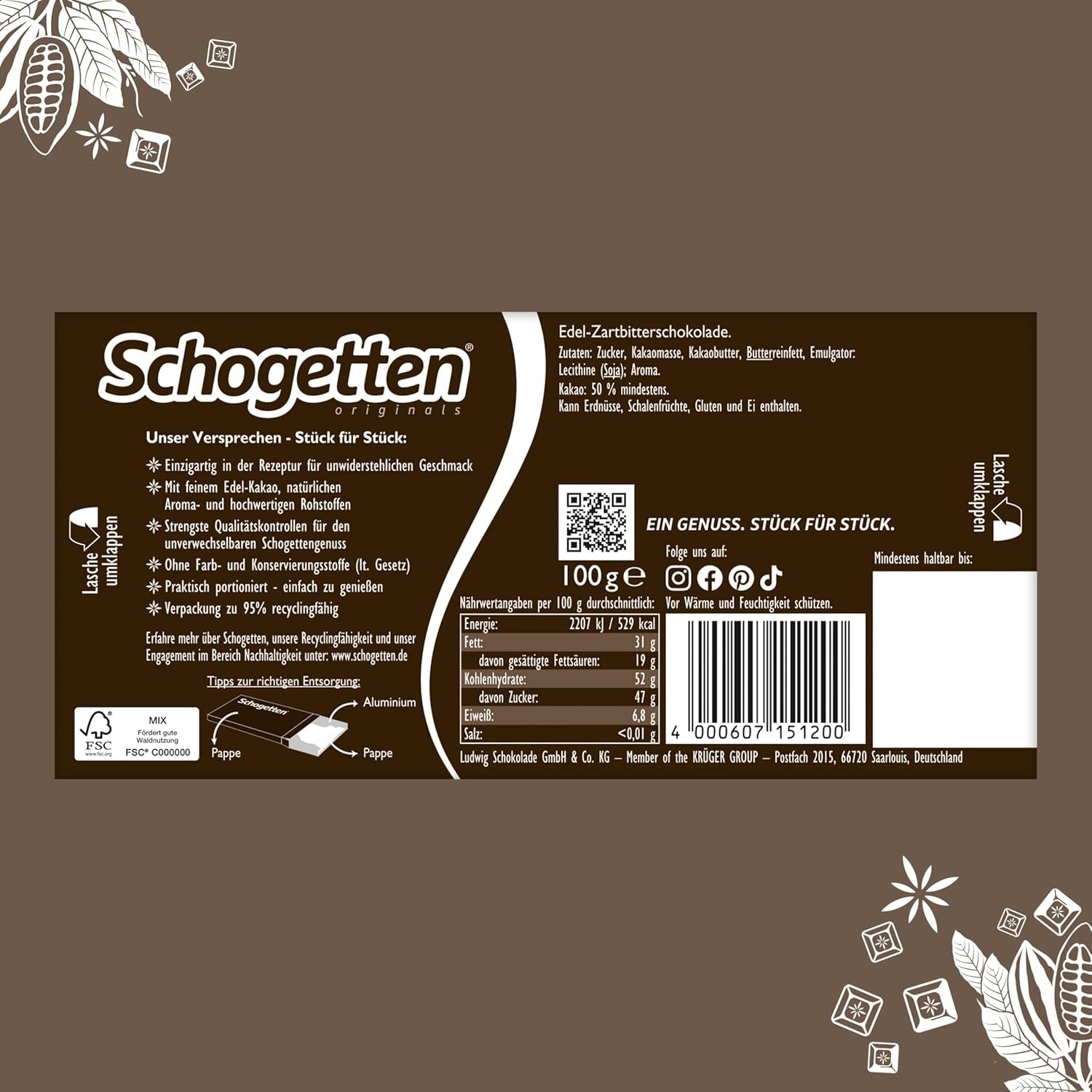 Ciocolată neagră Schogetten (50% cacao), 100 g