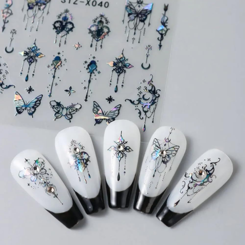 3D Metallic Schwarz Schmetterling Nagelsticker - Laser Pink Aurora Nagelaufkleber - Punk Butterfly Nail Art Stickers - Silver Nail Sticker - Nageldesign Zubehör