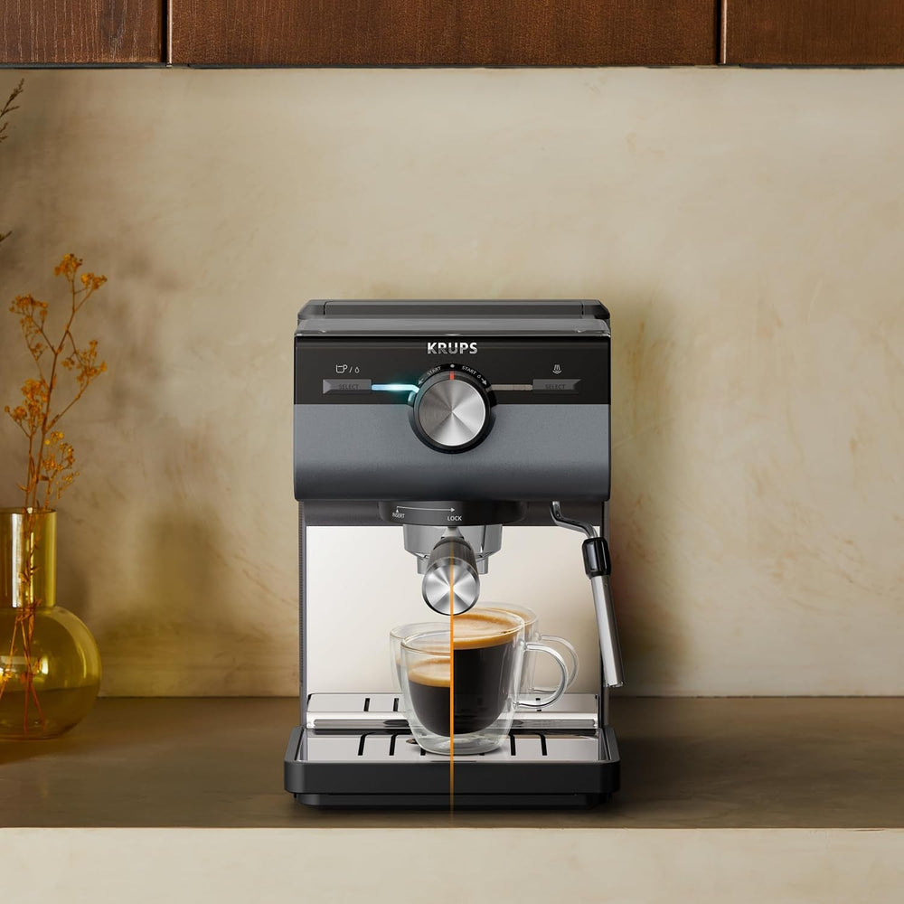 Espressor KRUPS Authentic+, 15 bari, operare intuitivă, design sofisticat, duză de abur, inclusiv accesorii extinse, Bullet Argintiu închis/Oțel inoxidabil, XP384G10