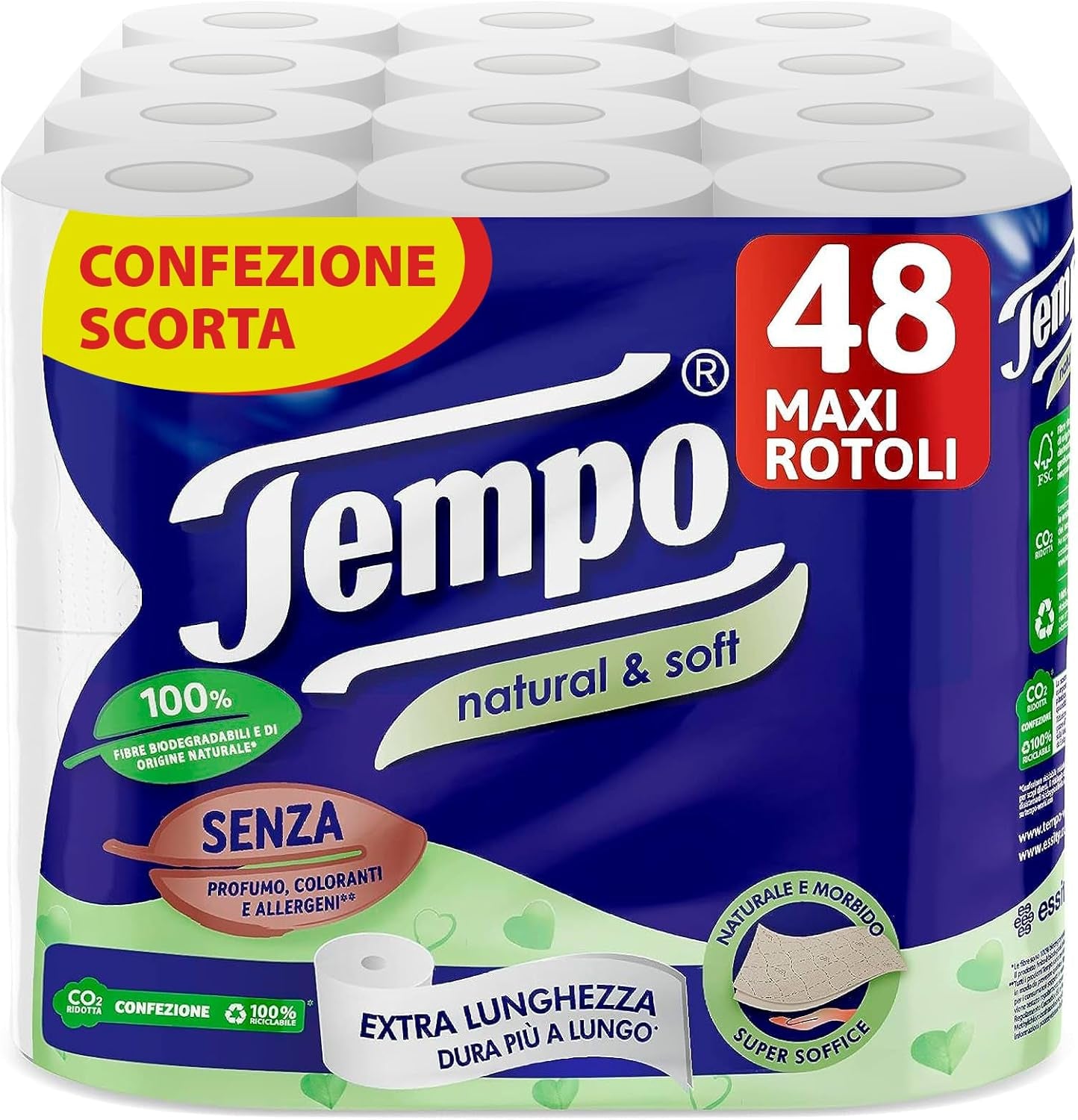 Tempo, hârtie igienică naturală și moale, moale și durabilă, 48 de role maxi, compusă din 100% fibre biodegradabile, fără parfum sau alergeni