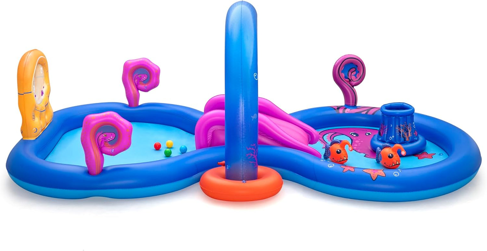 Centru de joacă acvatic Bestway Underwater World, 330 x 188 x 117 cm, Design adânc, Stropitor cu apă, Tobogan detașabil, Lansator de tentacule, 4 mingi de joacă, 2 pești-pescari, Supape de siguranță, Vârste 2+, PVC