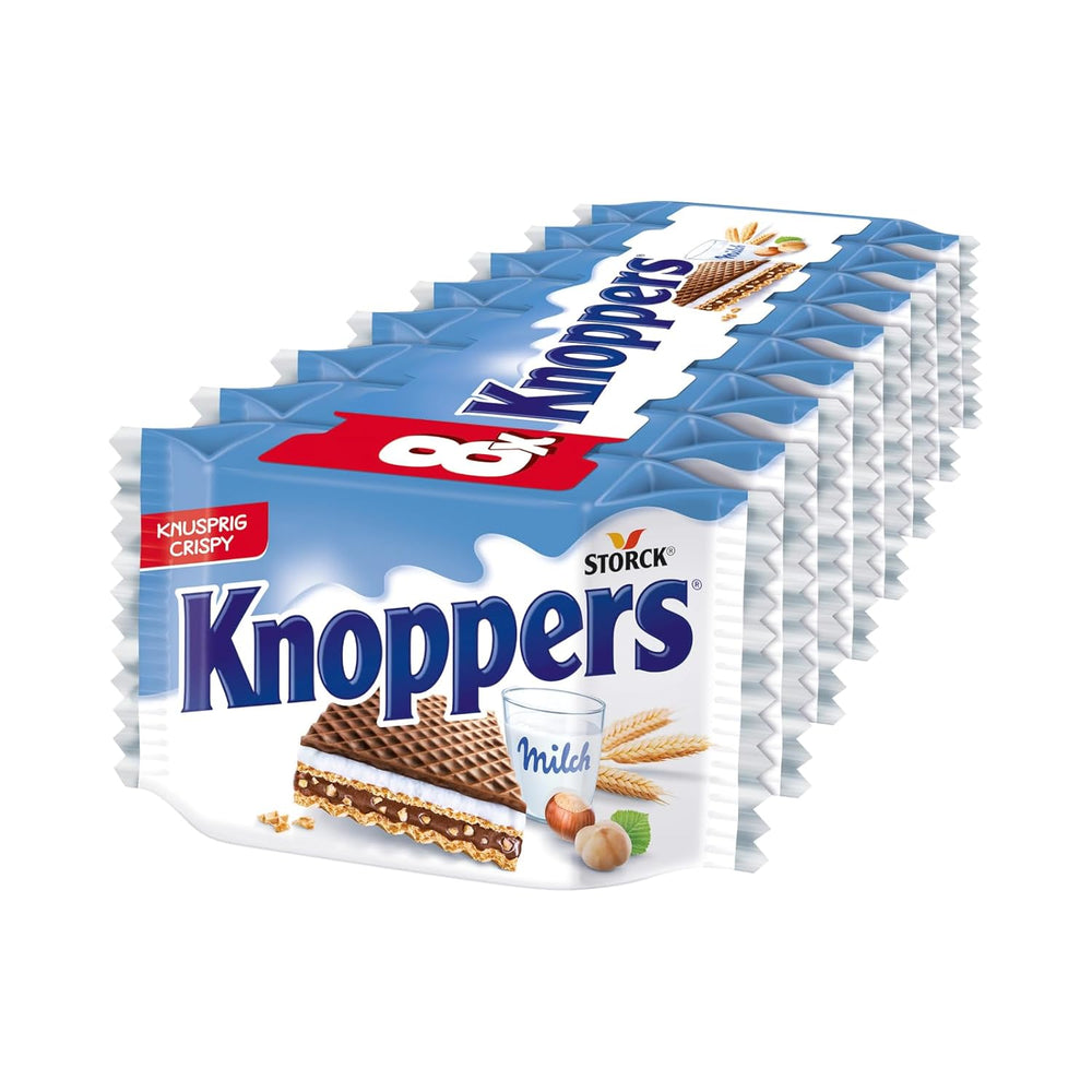 Knoppers Alb și Negru – 8 x 25 g – Felii de napolitană umplute cu napolitane cu cacao neagră, bucăți de biscuiți negri, lapte și cremă de nuga