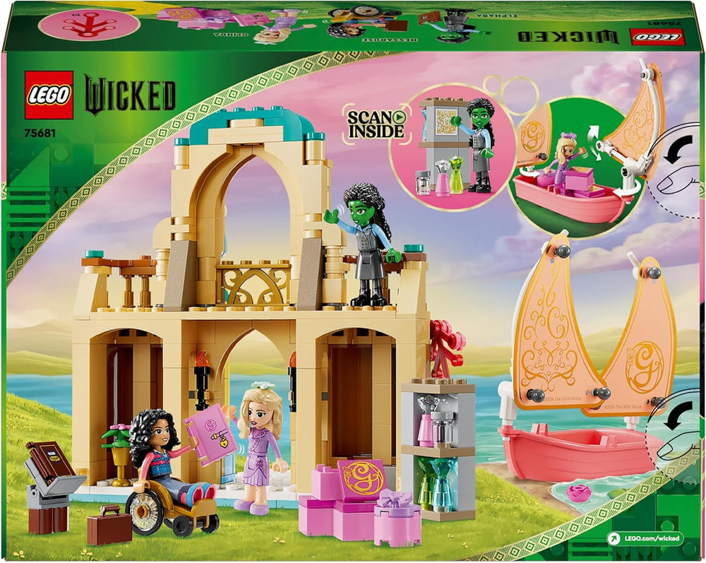 LEGO Wicked Glinda, Elphaba și Nessarose la Universitatea Shiz, barcă cu pânze și 3 figurine, barcă de jucărie, cadou pentru fete și băieți de la 7 ani, iubitorii casei de păpuși 75681 Seturi de constructie Besuche den LEGO-Store