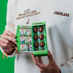 JOKOLADE PRALINE Cutie 80g | Umplutură generoasă cu cremă de nuga de alune și chipsuri | Ciocolată din comerț echitabil de la Joko Winterscheidt