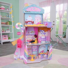 KidKraft Casă de păpuși din lemn, Castel cu bomboane, cu mobilier și accesorii, Casă cu figurină lamă unicorn, lift cornet de înghețată și scaun ursuleț gumat pentru păpuși, Jucărie pentru copii de la 3 ani în sus, 20242