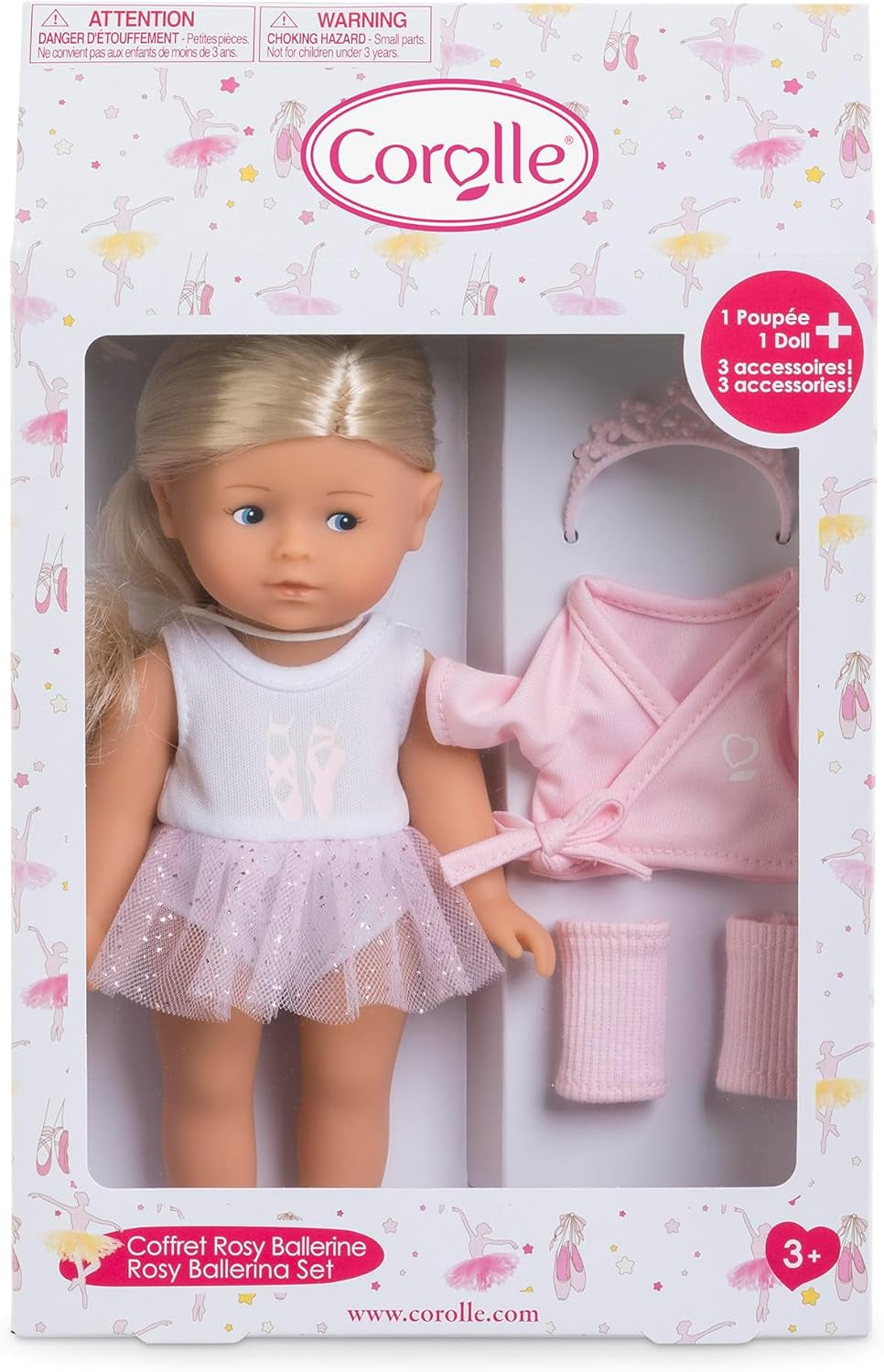 Les Trendies Mini Corolline Rosy Ballerina Set, Vollvinylpuppe mit langem Haar, extra Outfit in Geschenkbox, Vanilleduft, 20cm, ab 3 Jahren