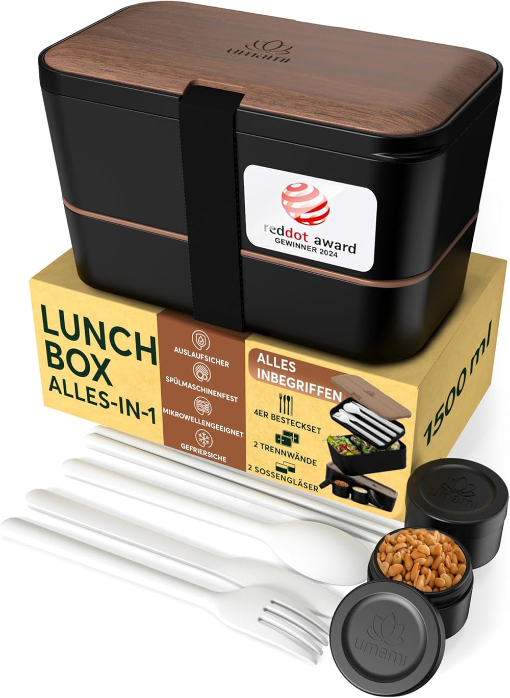 Cutie de prânz Umami pentru adulți, cutie bento stivuibilă etanșă cu 4 tacâmuri și compartimente, cutie de prânz pentru adulți, recipient pentru salată to-go, cutie de prânz pentru picnic / birou, gri cărbune, 1500 ml Cutii depozitare alimente Naty Shop Nuc negru L - 1500 Ml Stivuibile unul în celălalt