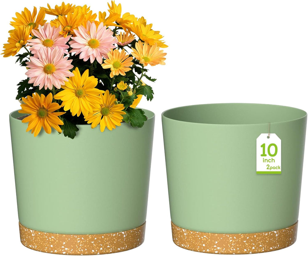 Ghiveci de flori ZMTECH cu diametrul de 25 cm pentru plante de apartament, ghivece de flori din plastic cu farfurie și găuri de drenaj, ghivece rotunde pentru plante de interior și exterior (set de 2, alb)