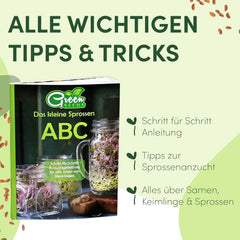 [Set original pentru începători cu borcan de germinare + sită pentru năsturel | 1000 ml cu capac din plasă din oțel inoxidabil de înaltă calitate, suport, tavă ceramică + ABC pentru germinare [Versiune tipărită] Tavă pentru răsaduri cu borcan de germinare