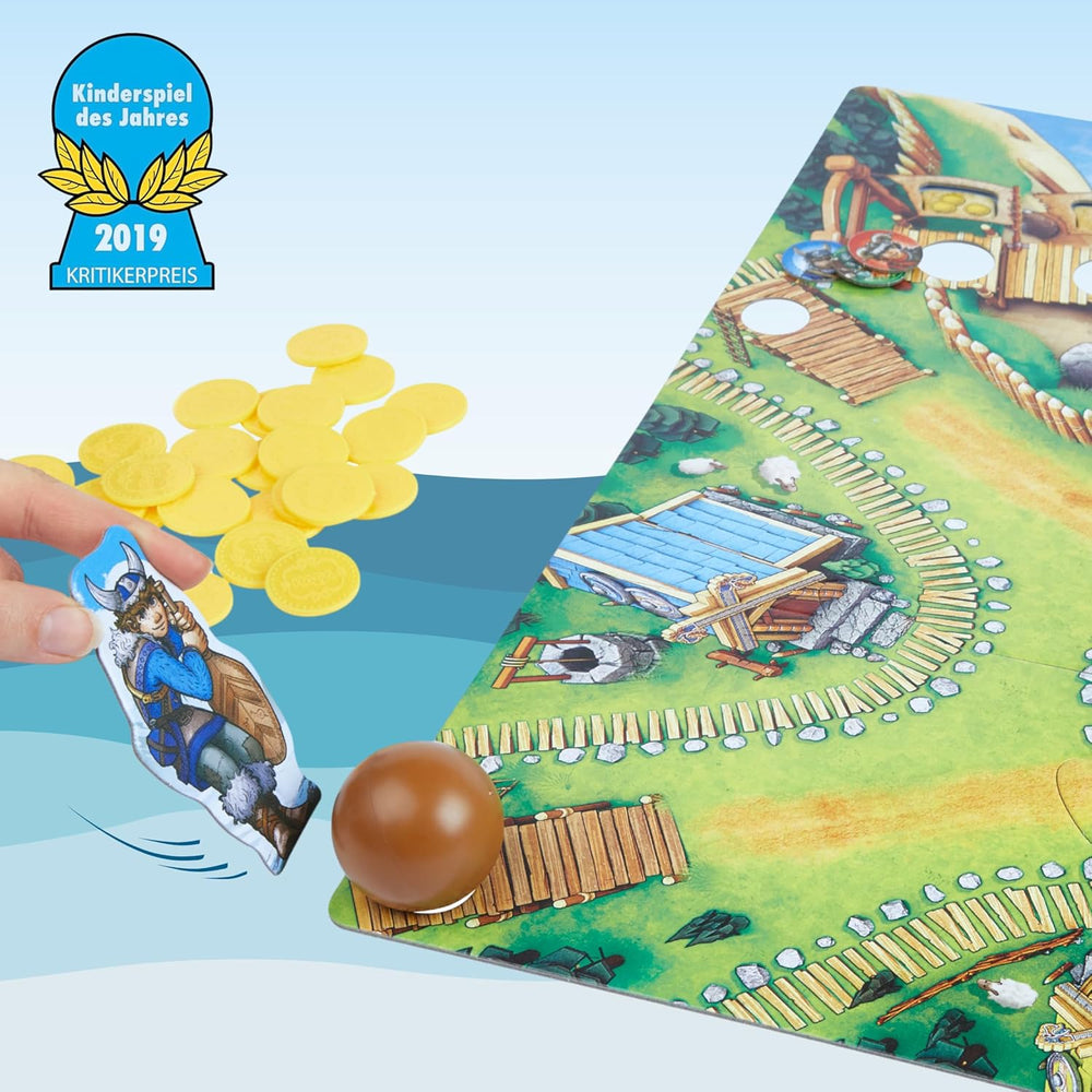 HABA Valea Vikingilor – Joc de societate rapid pentru dexteritate, pentru vârste de la 6 ani în sus, pentru 2–4 jucători – Tablă de joc XXL și nave vikinge 3D – Promovează tactica și curajul – 1304697001