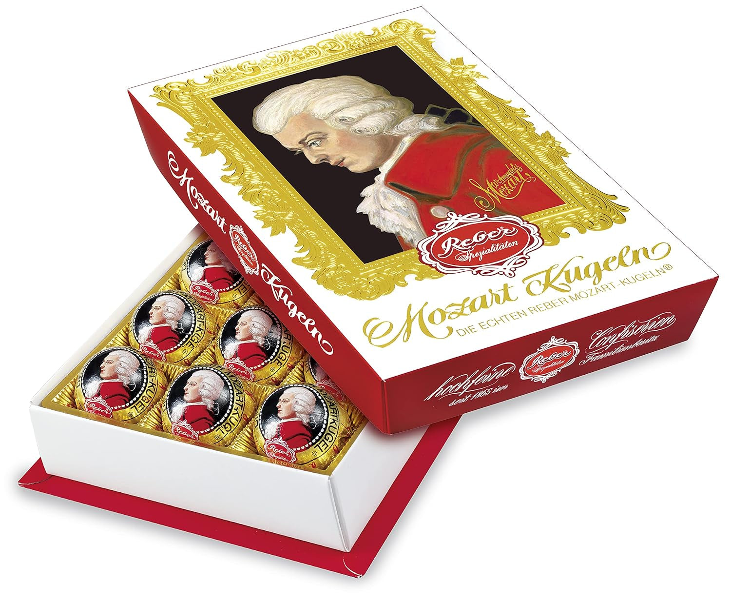 Bile Reber Mozart cu ciocolată neagră, pachet de 6 cu marțipan și nuga, vegane - 1 x 120 g