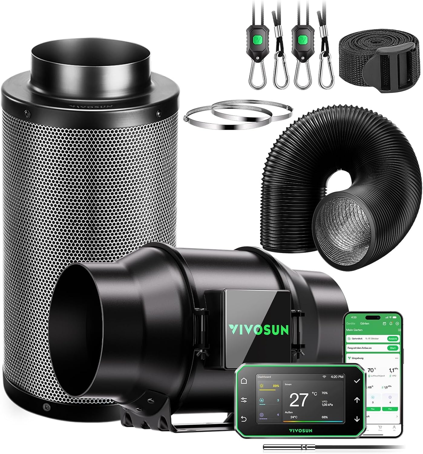VIVOSUN Kit Ventilator Inline Inteligent 100mm/Evacuare AeroZesh G4 cu GrowHub E42A+, Controler de Temperatură și Umiditate, Telecomandă WiFi/Aplicație, Filtru de Cărbune Activ și Furtun pentru Corturi de Cultivare și Hidroponie