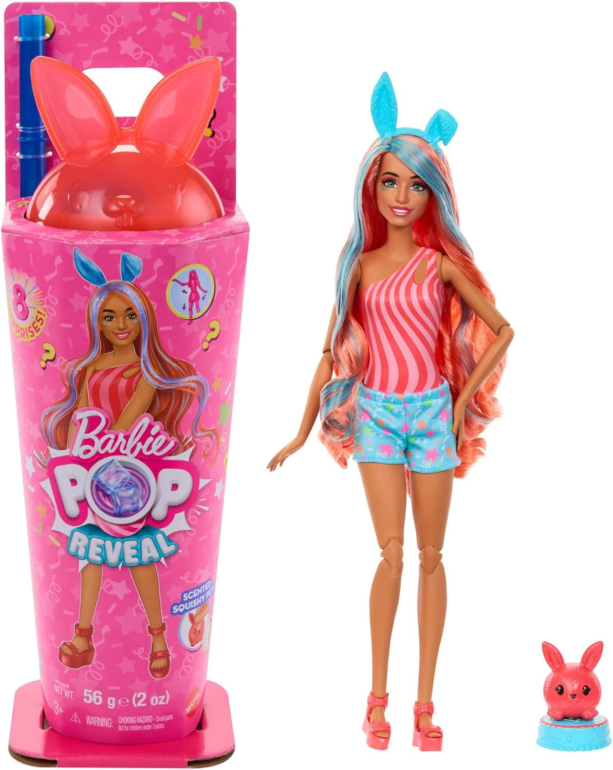 Set Barbie Pop Reveal cu păpușă și accesorii, seria Shakes, păpușă la modă pisoi parfumată drăguță și animal de companie, cu 8 surprize, inclusiv schimbarea culorii, JCN87