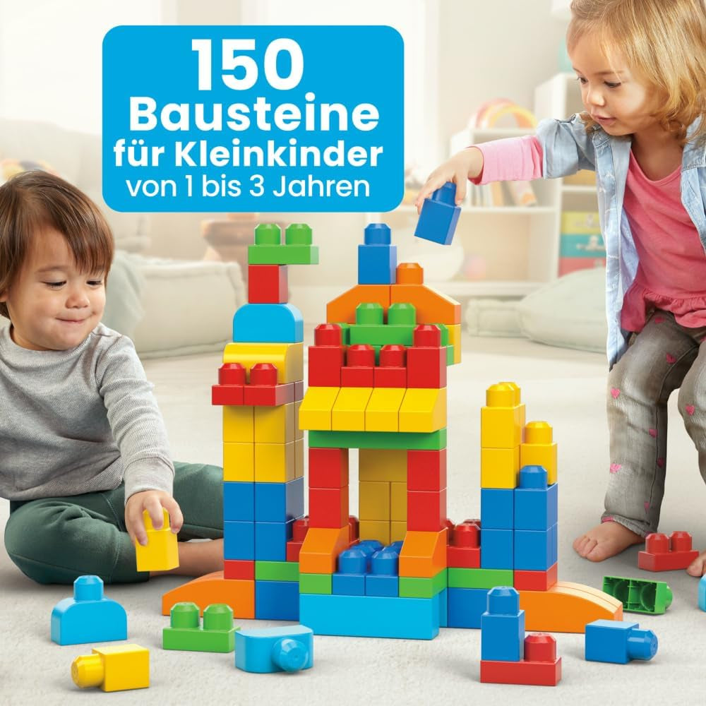 MEGA BLOKS First Builders Bausteine-Spielzeugset für Kleinkinder, Deluxe Bausteinebeutel mit 150 Teilen und Aufbewahrungsmöglichkeit, kreatives, offenes Spielen, blau, ab 1 Jahr, CNM43