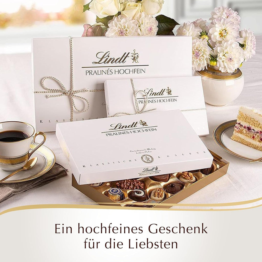 Lindt - Praline din ciocolata Hochfein,12 praline in 7 sortimente delicioase cu si fara alcool Bomboane de Ciocolata Naty Shop