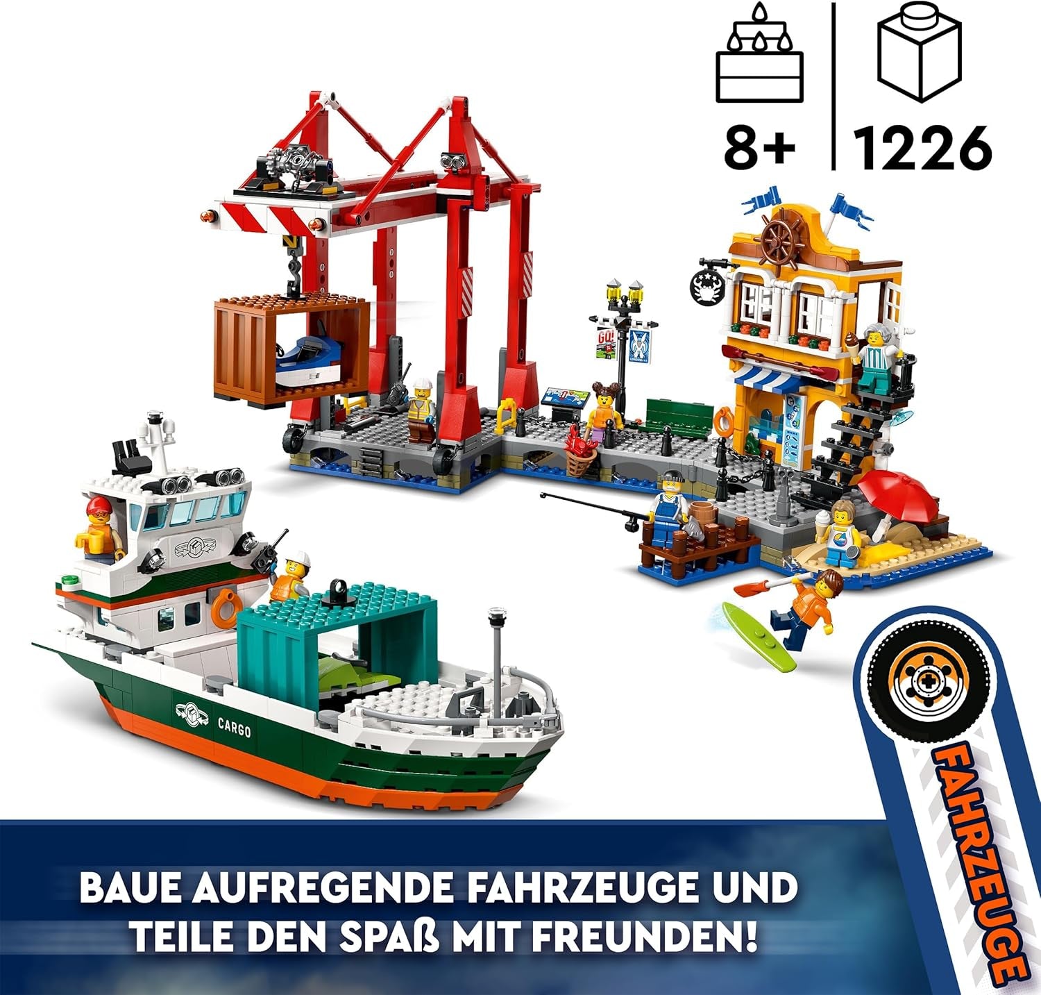 Portul LEGO City cu navă de marfă, jucărie de construit pentru băieți și fete de la 8 ani, idee de cadou pentru copii, macara pentru containere, navă de jucărie și 8 minifigurine 60422 Seturi de constructie Besuche den LEGO-Store