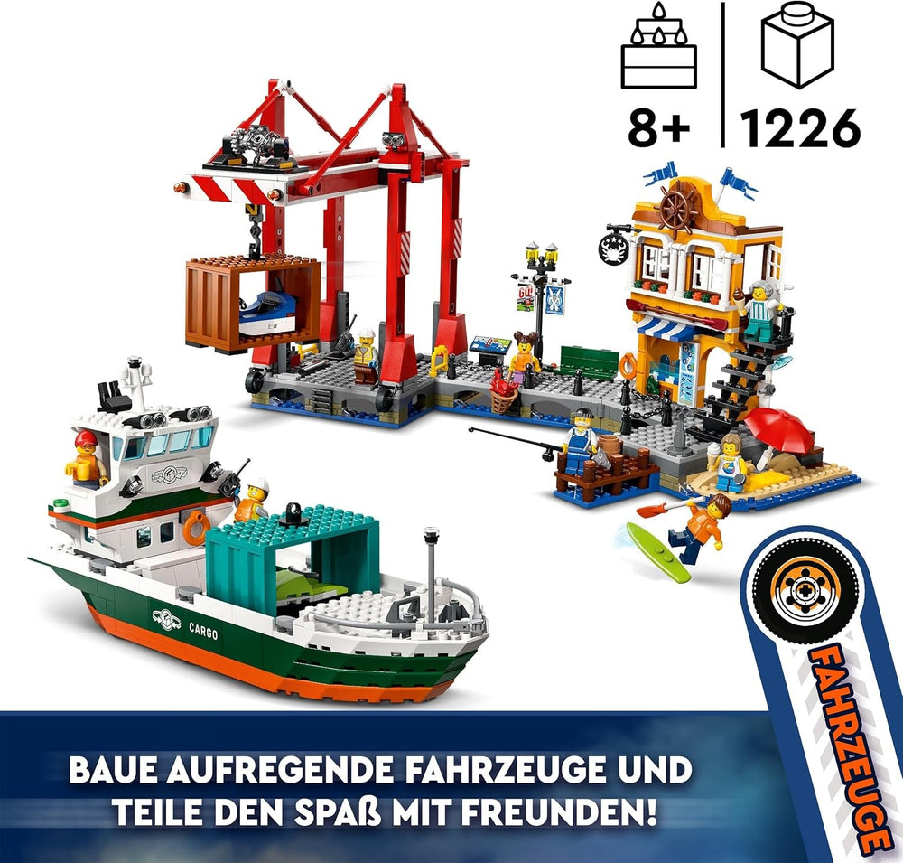 Portul LEGO City cu navă de marfă, jucărie de construit pentru băieți și fete de la 8 ani, idee de cadou pentru copii, macara pentru containere, navă de jucărie și 8 minifigurine 60422 Seturi de constructie Besuche den LEGO-Store