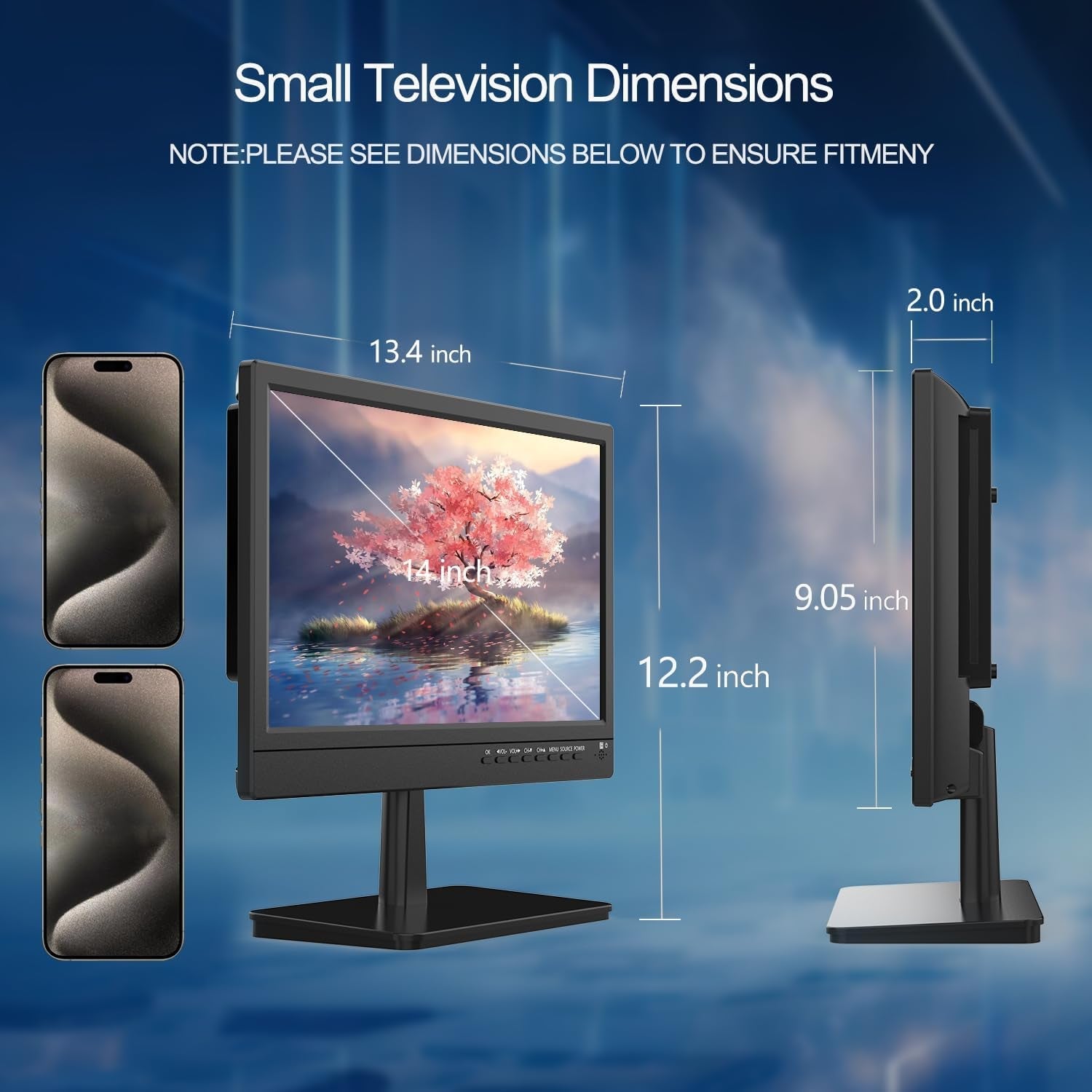 Televizor de 14 inci, ecrane TV mici 1080p, tuner digital integrat T2, intrare HDMI/USB, cablu auto de alimentare CA/CC-12V