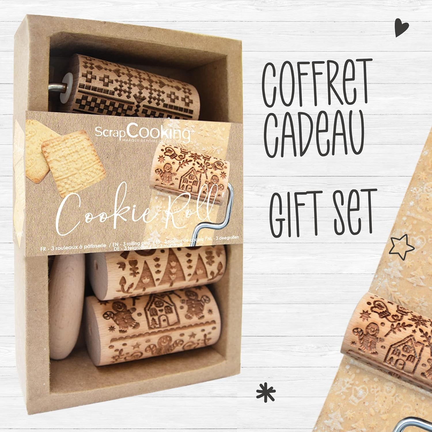 ScrapCooking 3798 Set Rulouri de Biscuiți Crăciun – 3 Mini Rulouri de Biscuiți din Lemn cu Motive – Decorațiuni în Relief – Formă de Biscuiți Sablată