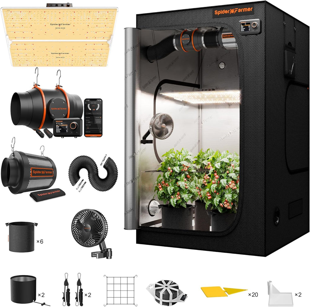 Set complet cort de creștere Spider Farmer SF1000, lampă de creștere LED reglabilă cu spectru complet, diode Samsung LM301H EVO, kit cort de creștere complet 70x70x160cm, set cort de creștere hidroponică, sistem de ventilație