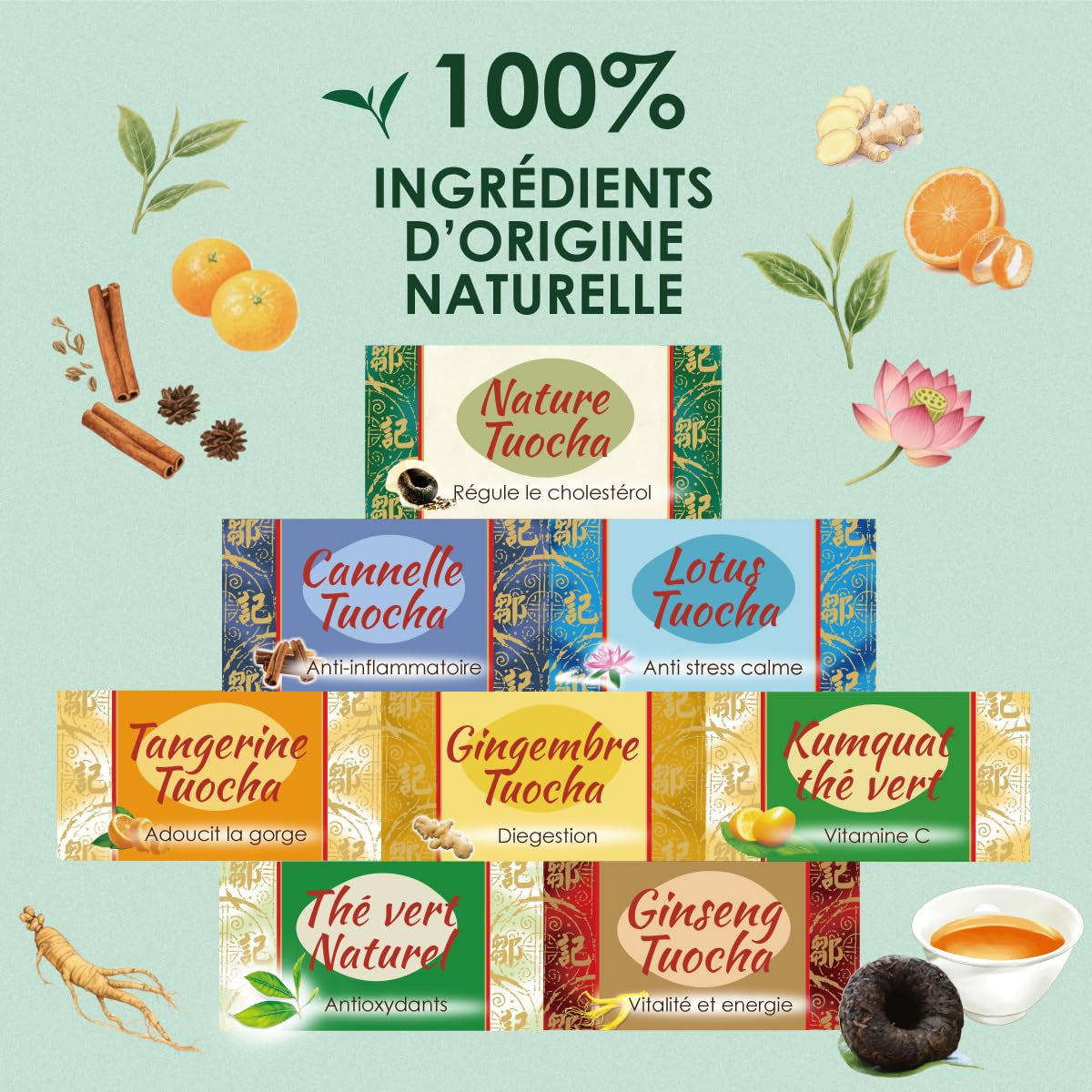 Yunnan Tuocha Zouji - Ceai verde organic cu kumquat - Vitamina C - 100 pliculețe de ceai - 200 g - Calitate Yunnan garantată