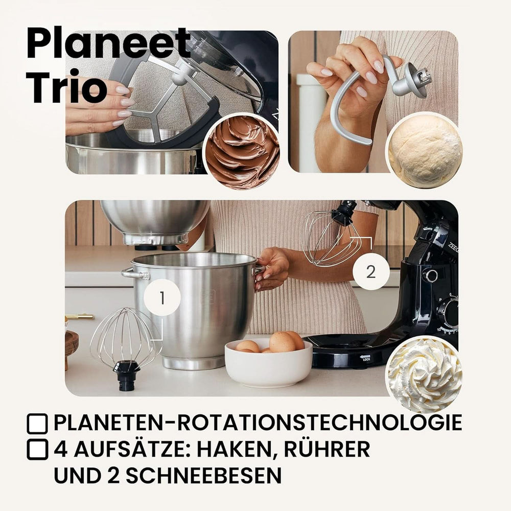 ZEEGMA PLANEET TRIO Planetenroboter, 1500 W, Multifunktionale Küchenmaschine Mit 3 Schüsseln 4 L, 4,5 L Und 5,2 L, 10 Betriebsgeschwindigkeiten, Mixer Mit Haken, Schneebesen (Schwarz) Mama si Copilul Naty Shop