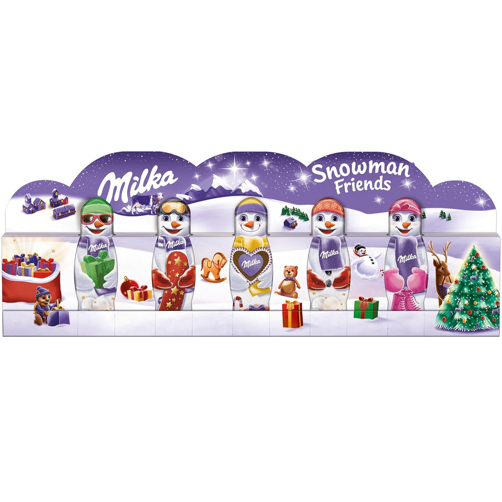 Milka Snowman Friends Alpine Milk – Mini oameni de zăpadă din ciocolată fină cu lapte alpin – 5 x 15g