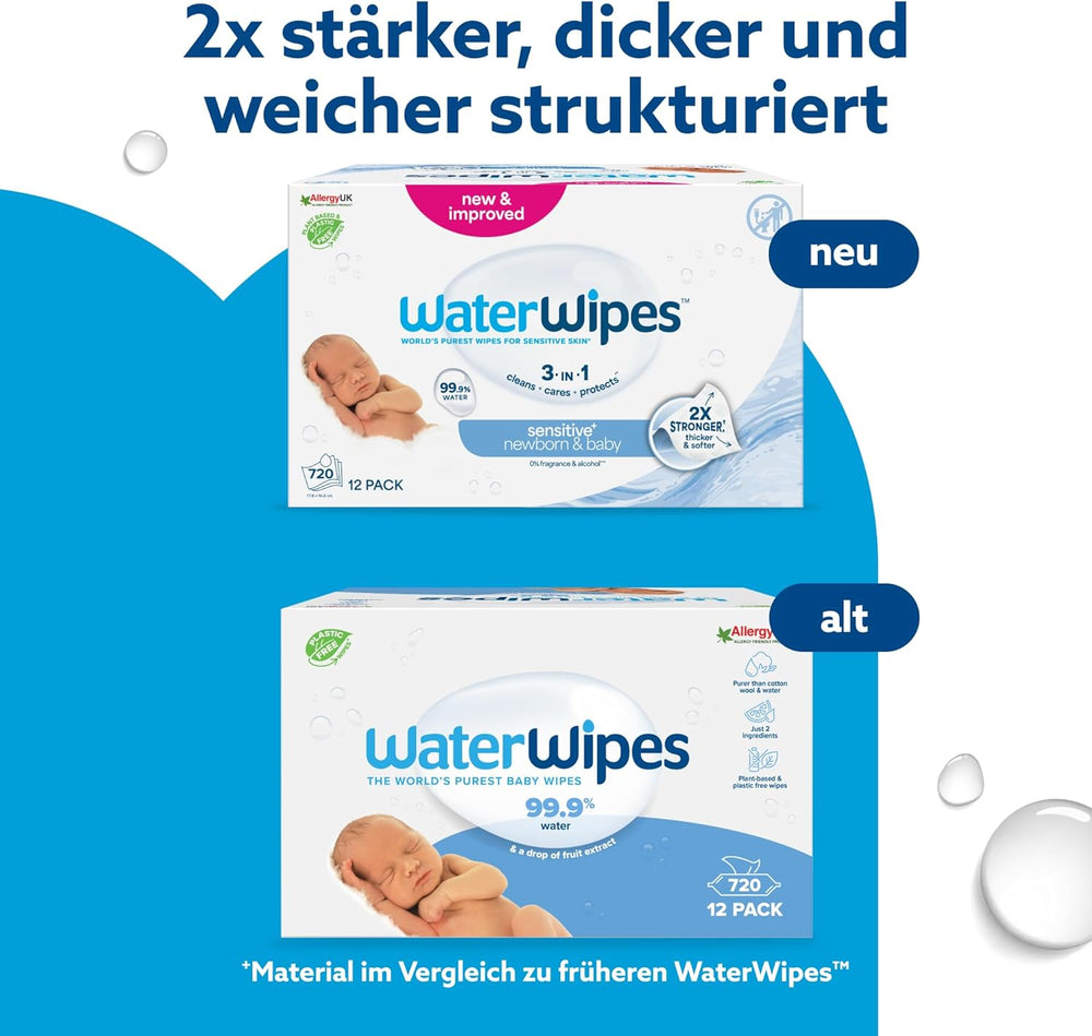 Șervețele umede WaterWipes Sensitive+ pentru nou-născuți și bebeluși, 720 bucăți (12 pachete), curățare, îngrijire, protecție 3 în 1, 99,9% apă, fără parfum