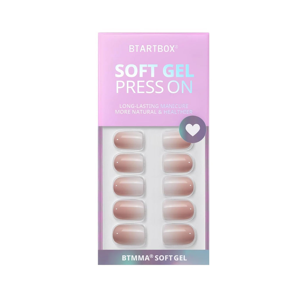 Btartbox Unghii False Scurte și Pătrate, Model Baby Boomer, pentru Lipire, Unghii False Albe, Roz Gradient, Unghii Artificiale Scurte cu Lipici de Unghii, 30 Bucăți Unghii False Artificiale Pătrate
