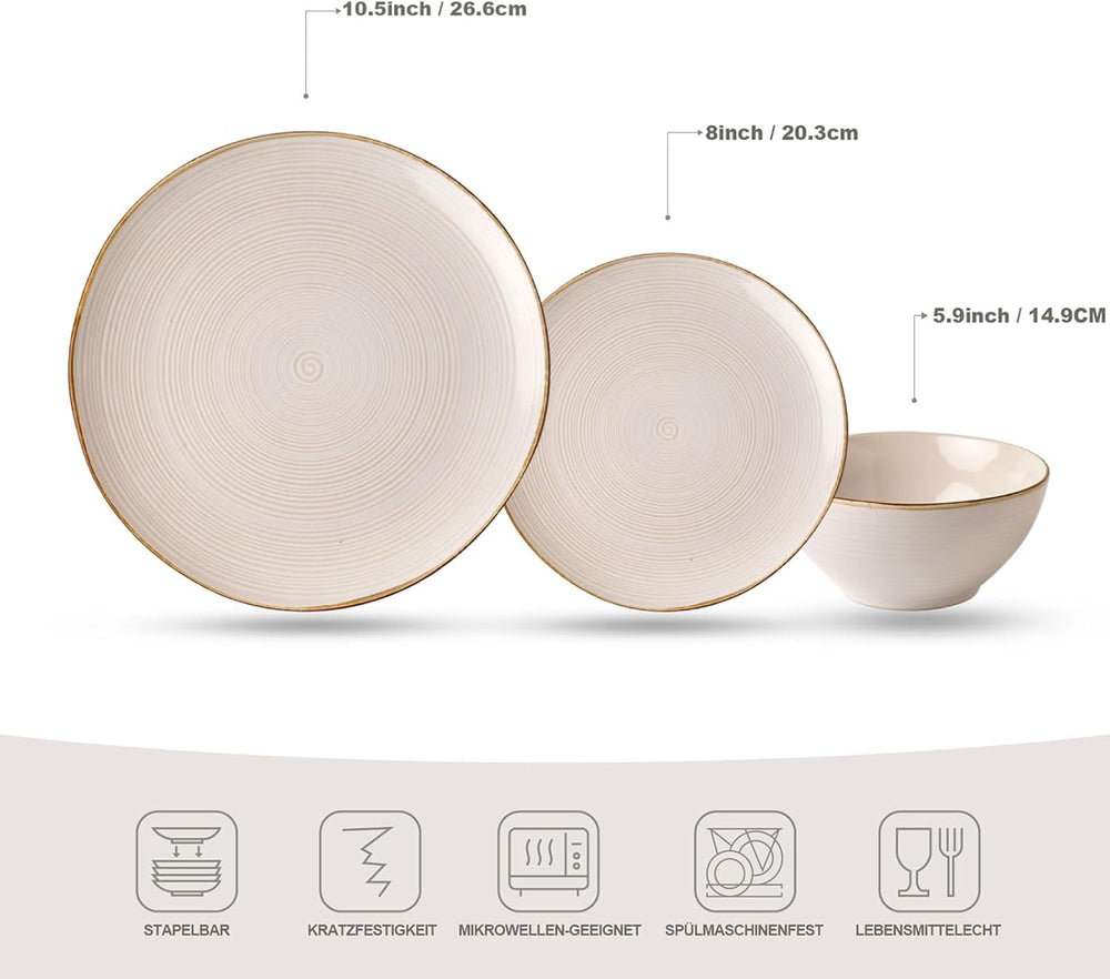 Set de veselă Tempus Series, Set de veselă pentru 6 persoane, Set de veselă din gresie, Set de farfurii cu 18 piese, Glazură reactivă, Potrivit pentru cuptorul cu microunde și mașina de spălat vase, Alb antic