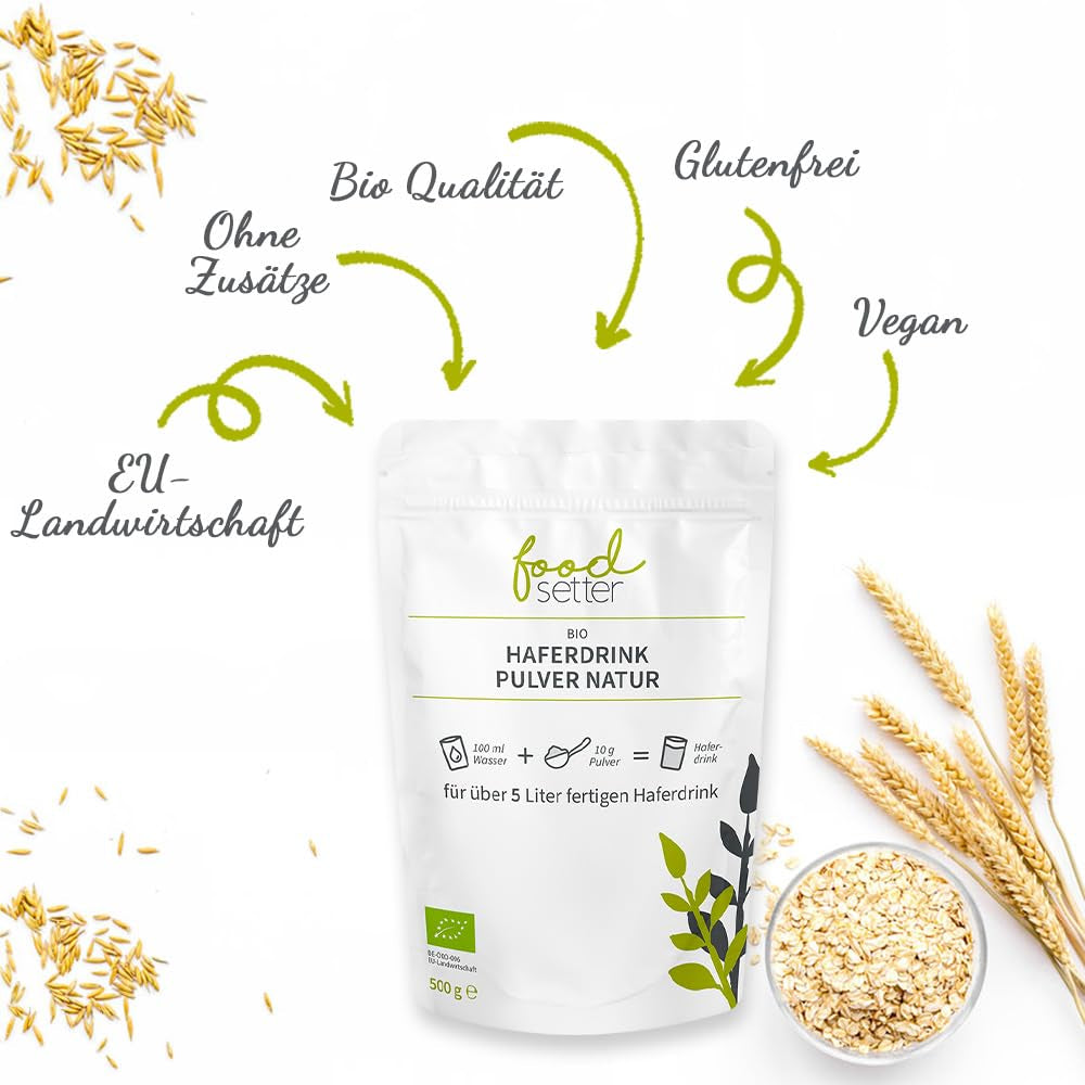 foodsetter Bio Haferdrink Pulver | 500g Beutel | Haferpulver | Instant Haferpulver | Bio-Quallität | Vegan | Glutenfrei | Ohne Zuckerzusatz | 0,5kg