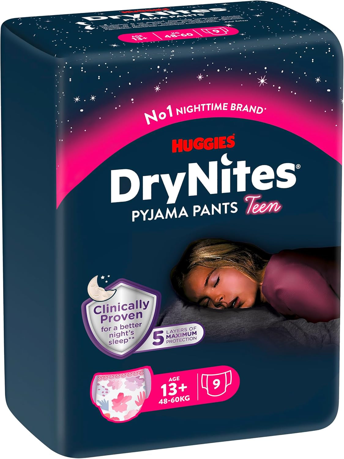 Scutece Huggies DryNites Nighttime pentru enurezis, pentru fete cu vârsta cuprinsă între 13 și aproximativ 17 ani (48-60 kg), 27 bucăți (3x9), pachet lunar, scutece-chiloți
